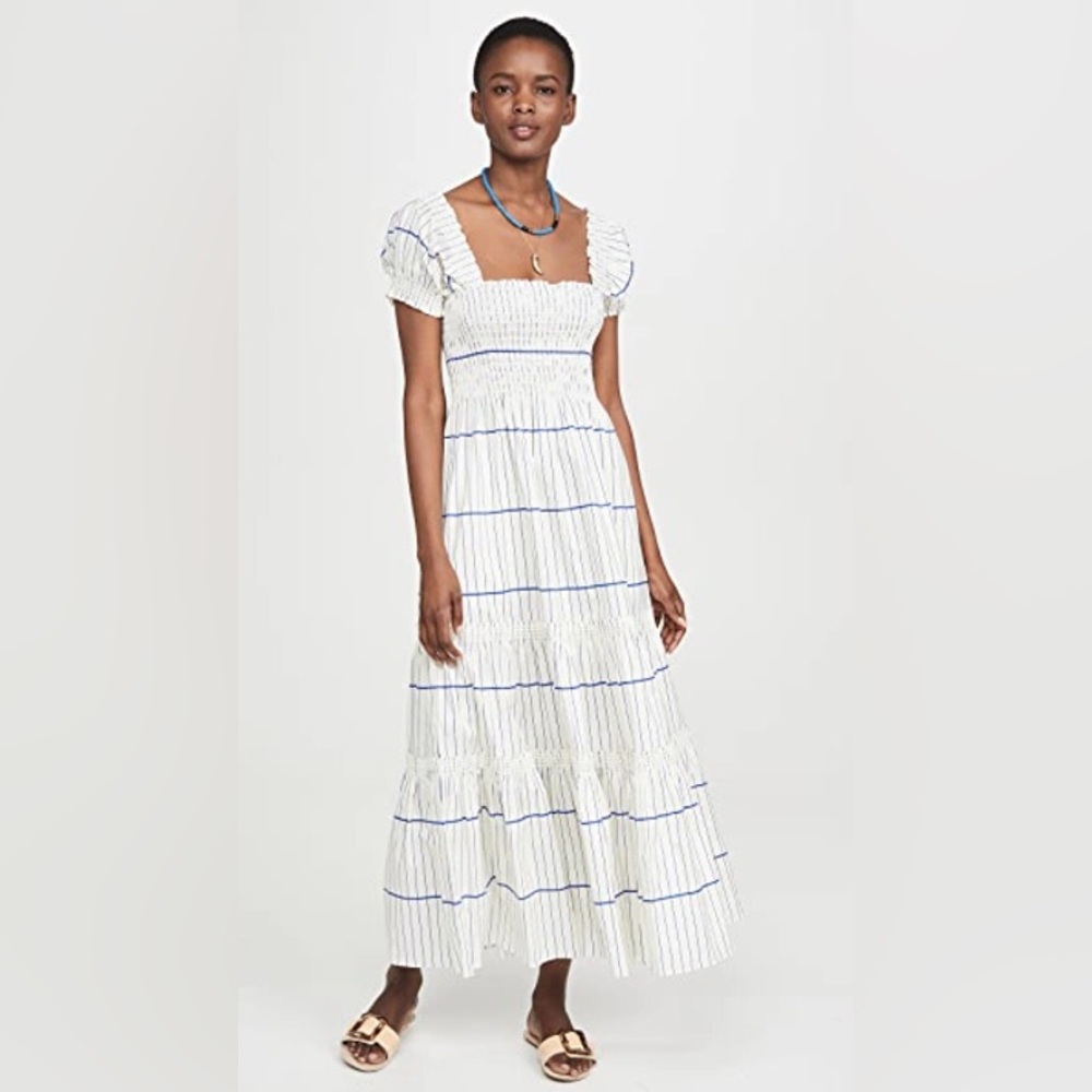 Tory Burch - Smocked White Dress with Blue Stripes